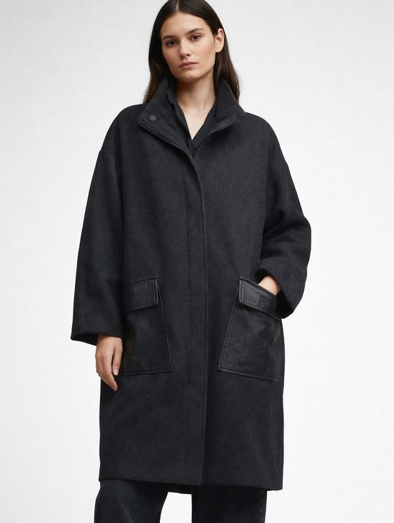 Zara Jackets & Blazers - ZARA Black Wool Blend Coat with Faux Leather Pockets Women’s Size M